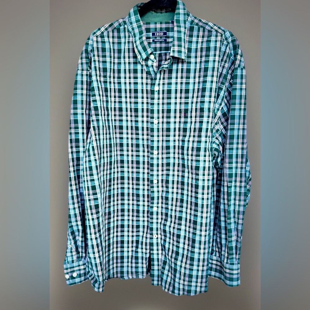 IZOD Premium Essentials Long Sleeve Button Down Cotton Shirt Green Plaid XXL